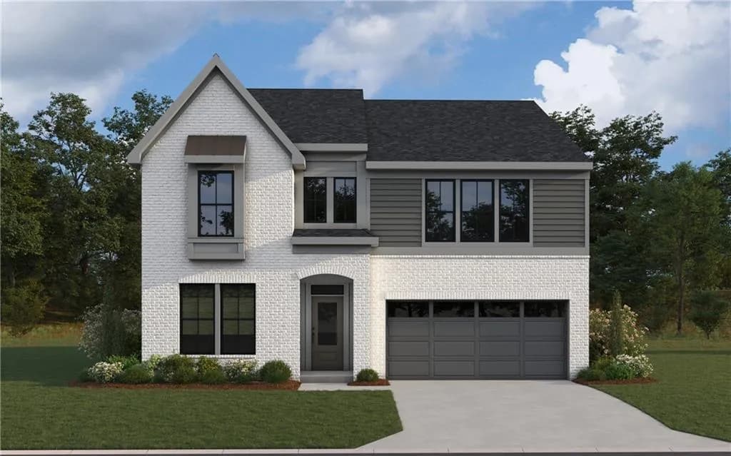 View of front of property featuring a front lawn, a garage, concrete driveway, brick siding, and a shingled roof