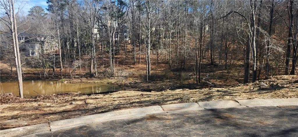 View of yard featuring a water view and view of wooded area