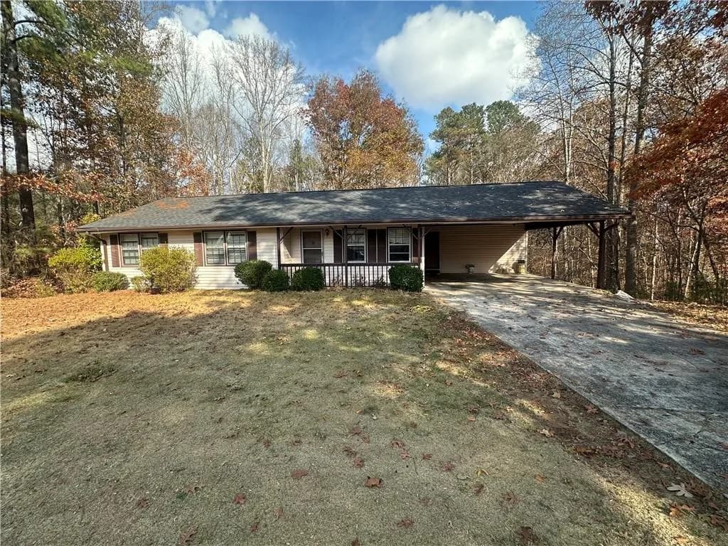 Ranch-style home featuring concrete driveway, a porch, and a carport