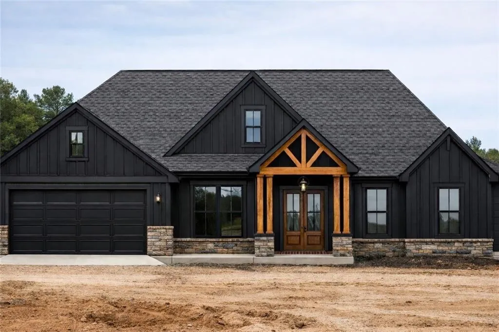Modern farmhouse style home featuring stone siding, board and batten siding, roof with shingles. ( This is a computer genterated picture)